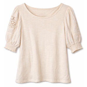 Design History Light Peach Crochet Puff Sleeve Top Size Large Cotton Bohoe